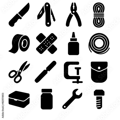 Set of essential camping and repair tool icons in black silhouette style