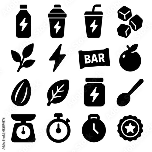 Set of energy drink icons featuring bottles, shakers, cubes, leaves, and symbols