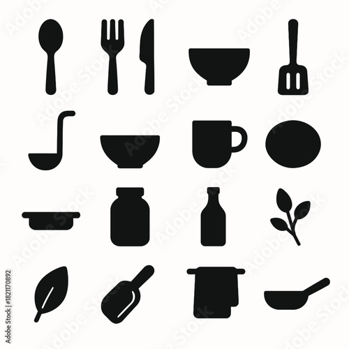 Silhouette icons of kitchen utensils and tableware for food and cooking themes