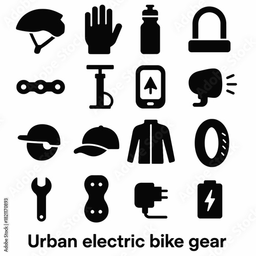 Urban electric bike gear icons: helmet, lock, cap, battery, pump, jacket, smartphone