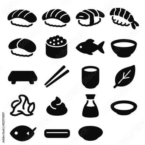 Sushi and japanese cuisine icons set: premium silhouette food symbols