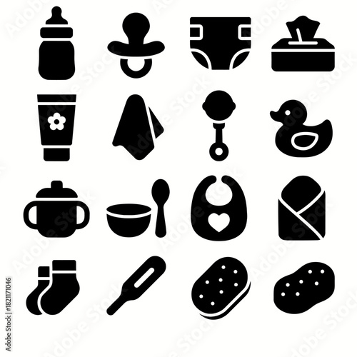 Essential baby care items icons set featuring pacifier, diaper, and bottle