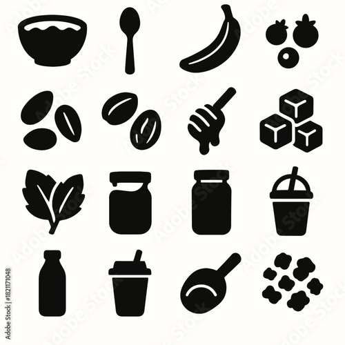 Breakfast icons set: bowl, spoon, banana, berries, and more