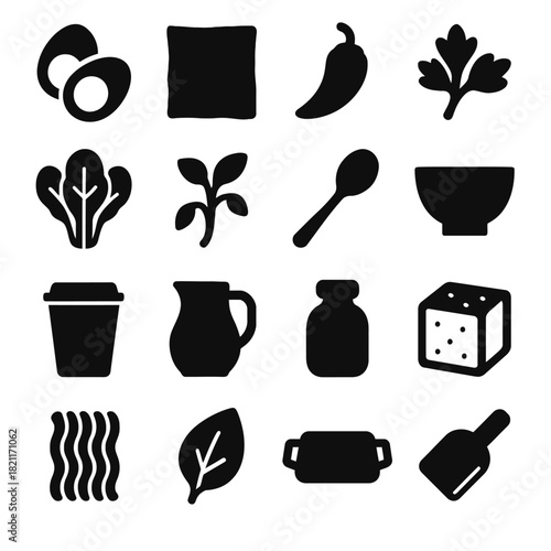 Black icons of food ingredients and kitchen utensils in bold style