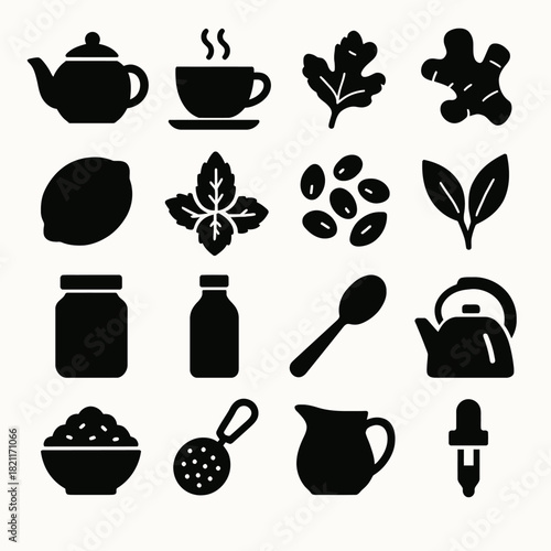 Tea and spice icons set: teapot, cup, herbs, spices, lemon, kitchen utensils illustrations