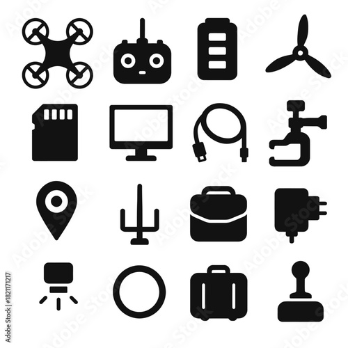 Drone equipment icons set featuring technology and tools in black silhouettes