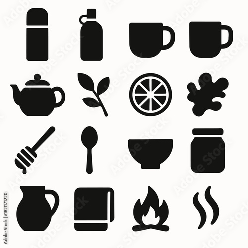 Tea element icons: teapot, mug, ingredients, boiling water, honey