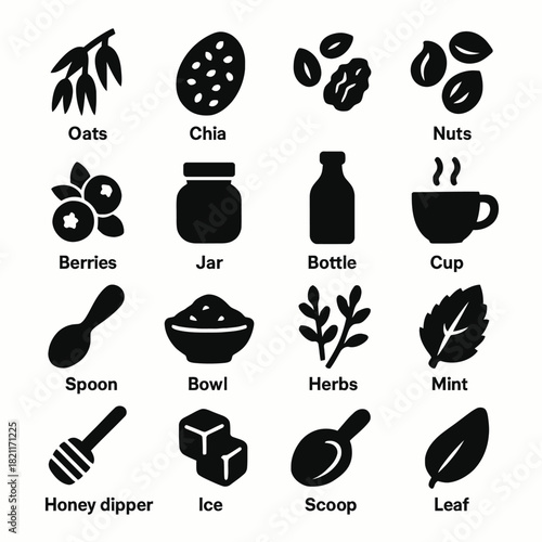 Silhouette icons of oats, chia, nuts, berries, jar, bottle, and more