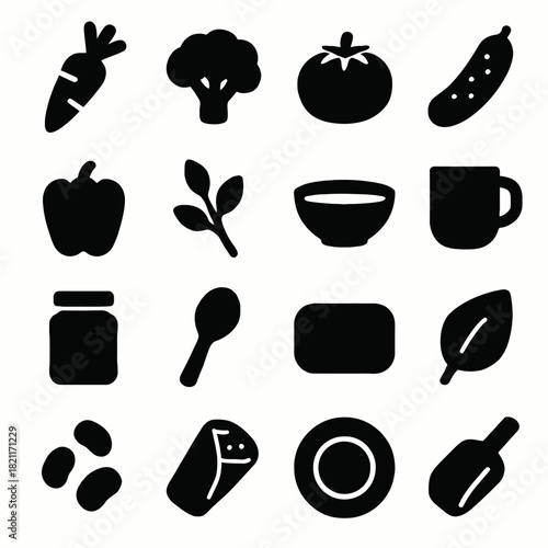 Silhouette icons of vegetables, drinks, and kitchenware on white background