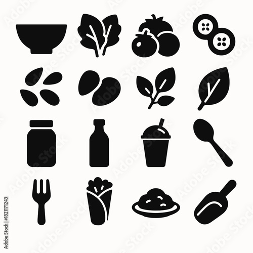 Collection of food and drink icons including bowl, vegetables, utensils, and beverages
