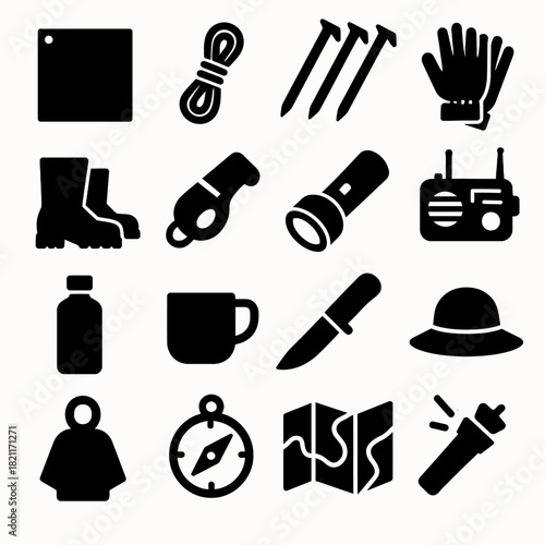 Camping gear icons set including tent, rope, stakes, flashlight, radio, boots, compass