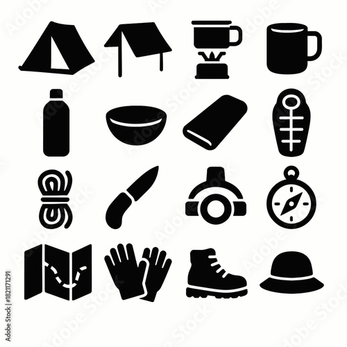 Camping equipment icons: tent, compass, backpack, map, boots, mug, knife, rope, flashlight