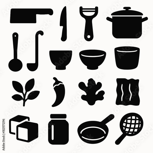 Silhouette collection of kitchen utensils, ingredients, and cooking tools
