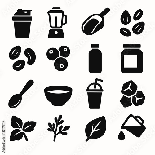 Black icons of kitchen tools, ingredients, and containers for cooking and food preparation