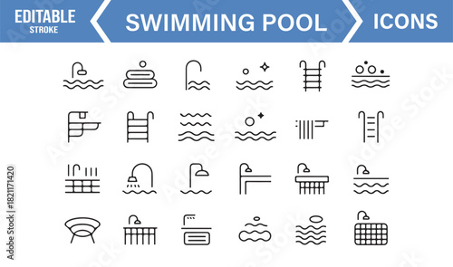 Outline graphic set of water leisure objects, pool accessories, and activity symbols
