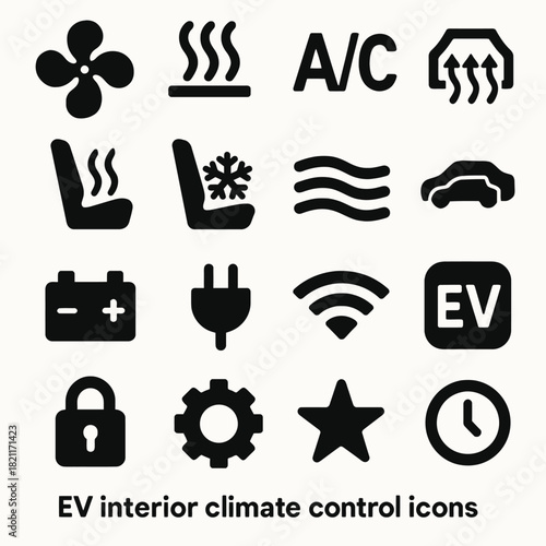 Ev interior climate control and function icons set in black and white