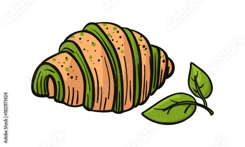 Flat illustration of a croissant with matcha filling and tea leaves. Colorful illustration with a black outline. Hand-drawn element for cafe menus, bakery designs, or sweet dish concepts