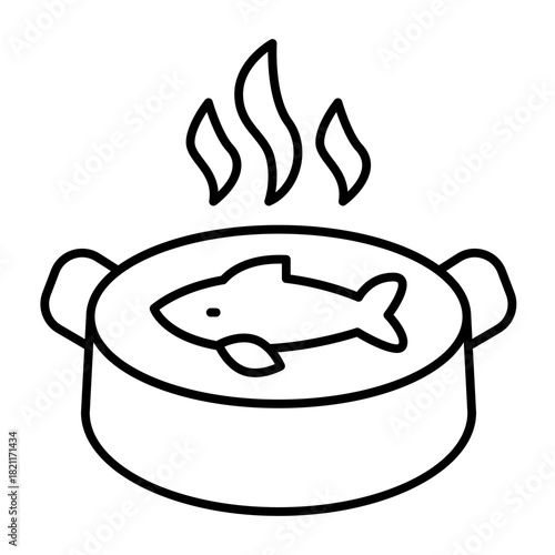 Pan of hot fish soup thin line icon, japanese food concept. Vector graphics. Fish soup, seafood sign on white background, style icon mobile or web design.