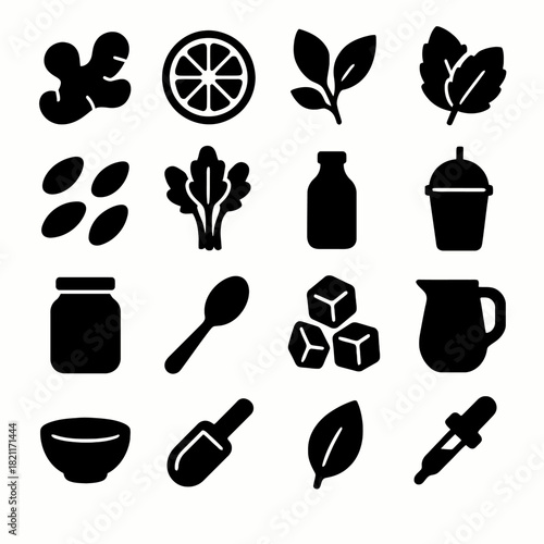 Silhouette icons of food and drink elements including leaf, jar, and bottle