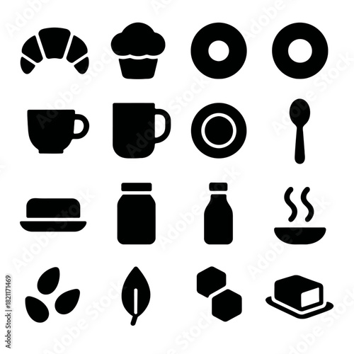 Breakfast and kitchen icons: cup, muffin, plate, spoon, butter, seeds, leaf, honeycomb