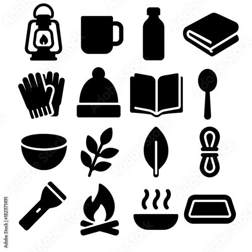 Camping essentials: lantern, mug, bottle, book, gloves, hat, open book, spoon, bowl, leaves, rope, flashlight, campfire, soup, tray icons