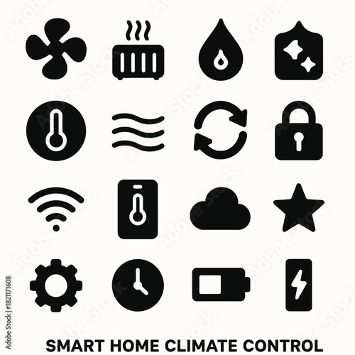 Smart home climate control icons: thermostat, fan, lock, wi-fi, battery
