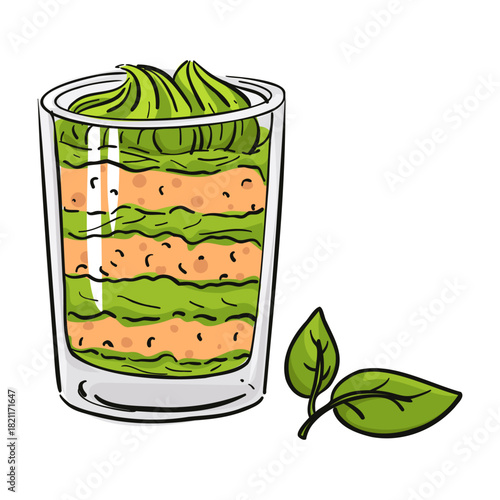 Flat illustration of matcha layered dessert with a sponge layer and mousse in glass. Color illustration with black outline. Hand-drawn element for cafe menus, dessert shops, or sweet dish decorations