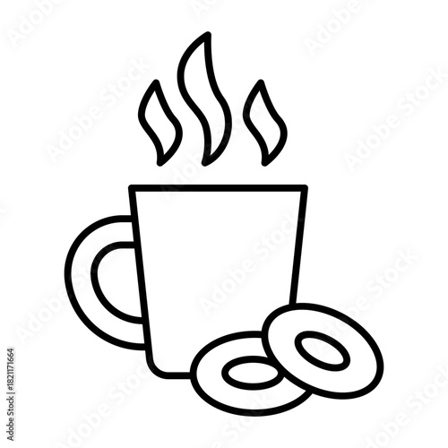 Cup of tea and two bagels thin line icon, beverages concept. Vector graphics. Cookies with herbal hot drink sign on white background, style icon mobile or web design.