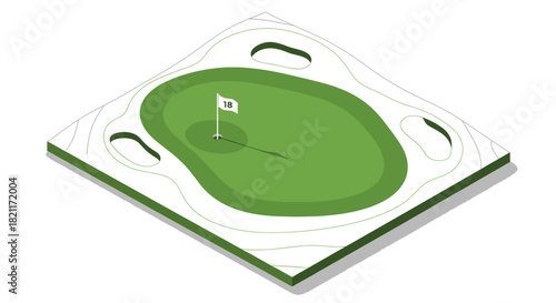 Isometric illustration of a golf green with a flag, showcasing the course design.
