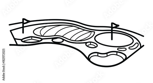 Black and white line drawing of a golf course layout with flags and bunkers.