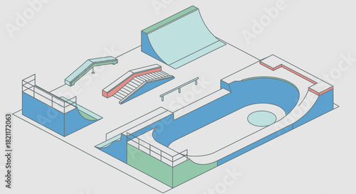 Isometric illustration of a modern skatepark with various ramps, rails, and bowls for skateboarding and extreme sports.