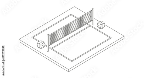 Isometric illustration of a volleyball court with a net, two balls, and boundary lines.