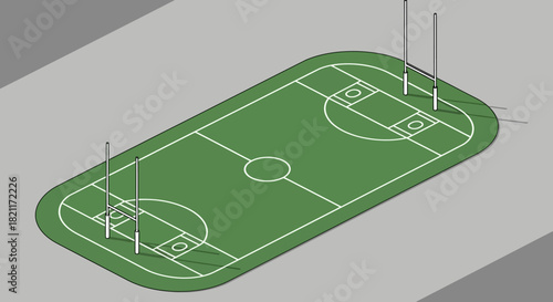 Isometric view of an Australian rules football field with goalposts and markings.