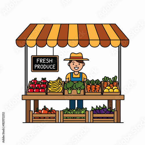 A Cheerful Farmer Selling Organic Fruits and Vegetables at a Busy Farmers Market Stall