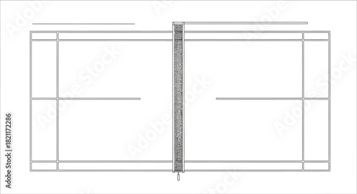 A schematic diagram of a tennis court with a net in the center, illustrating the court's dimensions and lines.