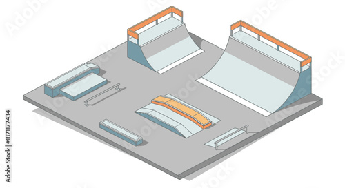 Isometric illustration of a modern outdoor skatepark with various ramps, rails, and obstacles on a concrete surface.