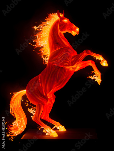 Fiery horse sculpture rearing up with glowing energy