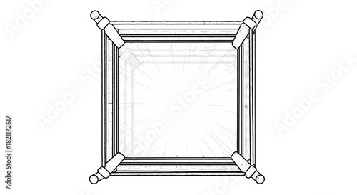Top-down view of a square table with four legs, detailed lines, and a clear surface.