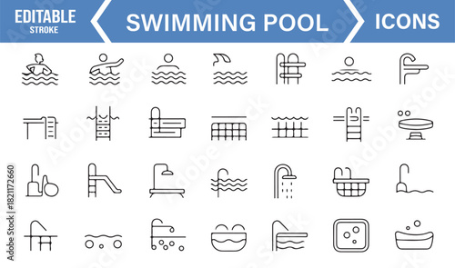 Water activity and pool facility icon pack in simple linear design
