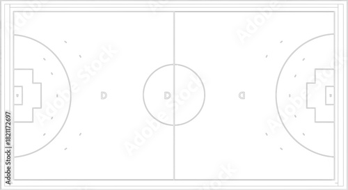 Top-down view of a clean, minimalist futsal court with clear markings for the center circle, penalty areas, and goal boxes.