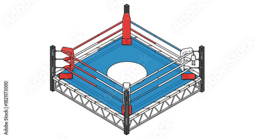 Isometric illustration of a boxing ring with blue canvas and red and white corner posts.