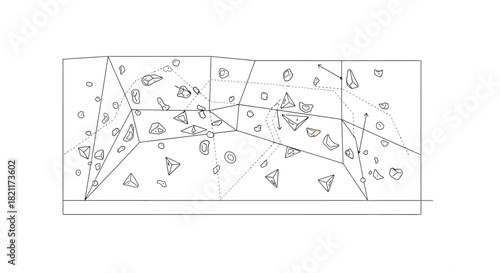 Line drawing of a climbing wall with various holds and marked routes, presented in a technical style.