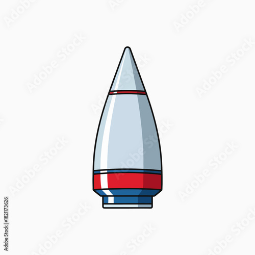 A detailed illustration of a 155mm artillery projectile with a pointed nose and blue red and white markings