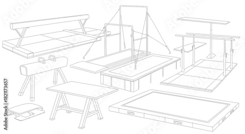 Line art illustration of various gymnastics equipment including bars, beam, vault, and mats.