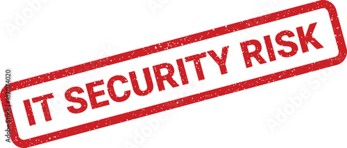 Grunge style rectangular rubber stamp displaying text IT SECURITY RISK, indicating potential digital vulnerability or cyber threat assessment