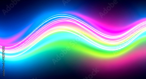 Abstract glowing neon light wave flowing across a dark background in vibrant colors