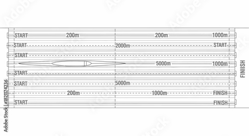 Overhead diagram of a rowing course, showing lanes, distances, and starting/finishing points.