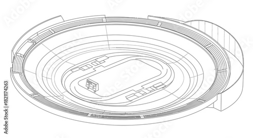 Architectural blueprint of a sports stadium, showing seating and track layout.