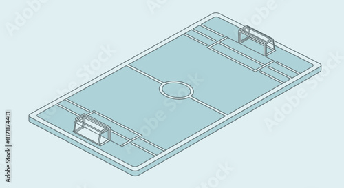 Isometric view of a minimalist football field, with goalposts and field lines.