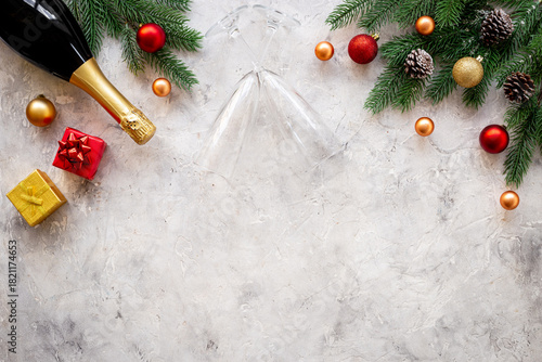 Wallpaper Mural Christmas bottle of champagne with two glasses and fir tree branches, top view. Happy New Year and Merry Christmas decoration Torontodigital.ca